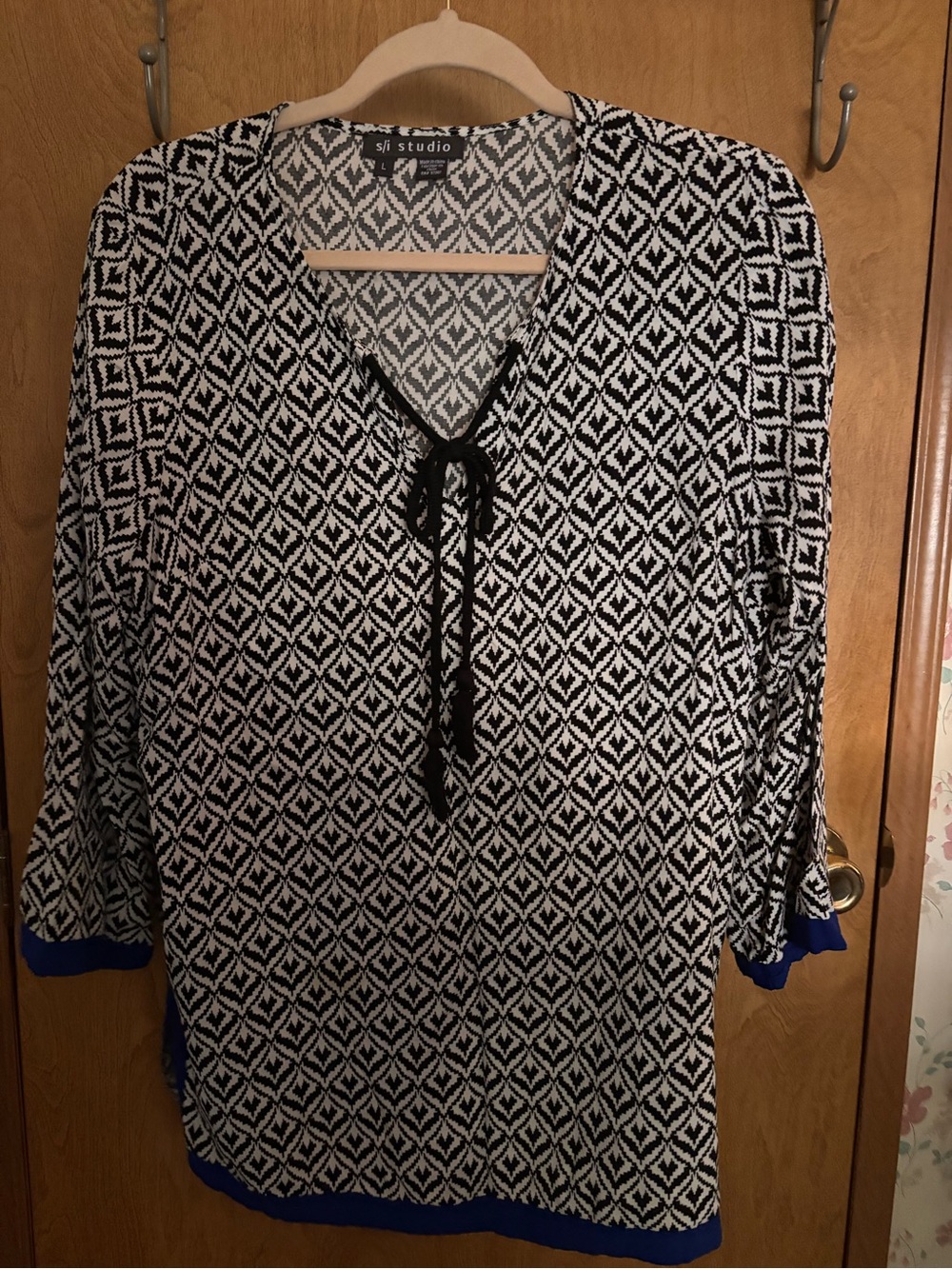 ST. studio Black & White Geometric Tie-Front Tunic with Blue Trim